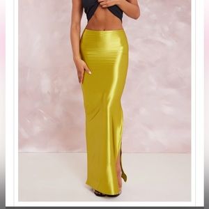 Champagne Stretch Satin Split Side Maxi Skirt